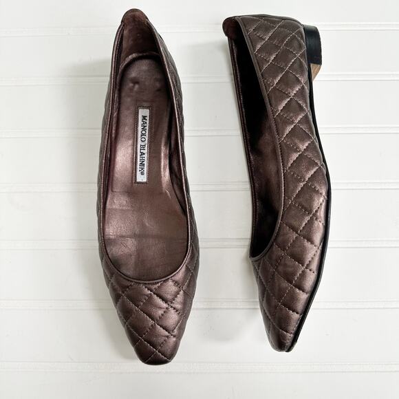 Manolo Blahnik Quilted Bronze Black Leather Almond Toe Ballet Flats Vintage 38.5 - Picture 2 of 7